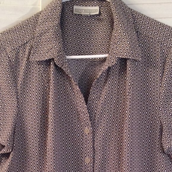 Silky Blouse Short Sleeved Peplum Button Down Career Tan Black Dana Buchman M - Picture 2 of 5